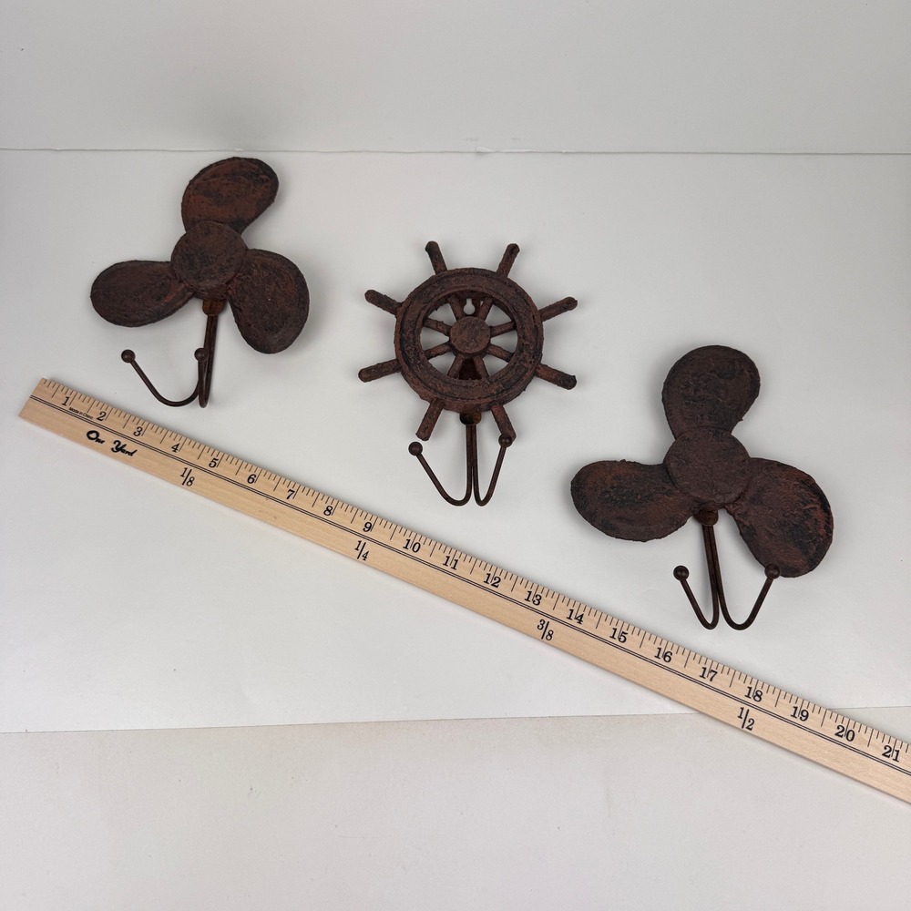 3 Vtg Nautical Ocean Shipwreck Aged Theme Hooks Propeller Wheel Wood Metal READ